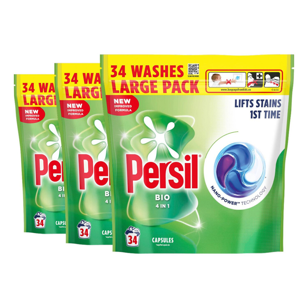 Persil Bio Laundry Capsules Fast-Dissolving Washing Pods 102 Washes, 3 Pack