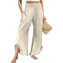 Pantalon de Lino para Mujer Cropped Linen Pants Women-Beige XXL