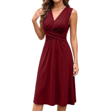 Women's Sleeveless V-Neck Front Knot Dress, Plain-Burgundy M