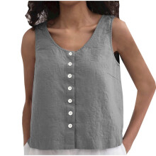 Women's Casual Button Vest Sleeveless Neck Waistcoat-Gray L