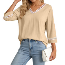 Womens Top Eyelet Lace V Neck Sleeve Blouses Casual-Khaki S