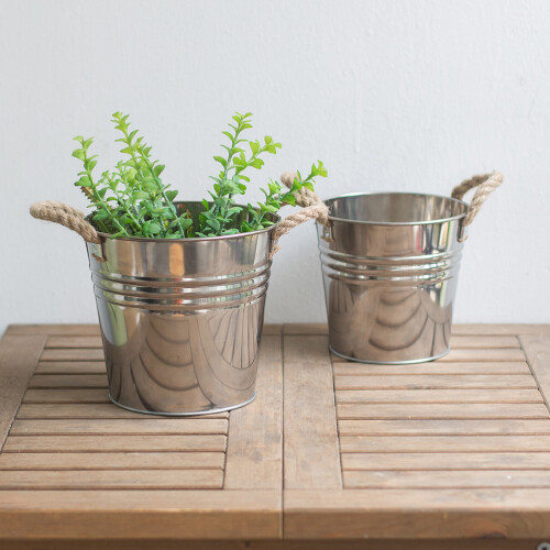 1Silver Rustic Stainless Steel Flower Pot Storage Bucket Decor 2