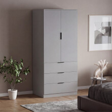 (Grey) Modern 2 Door 3 Drawer Wardrobe, Trega – Bedroom Storage Closet with Hanging Rail & Drawers