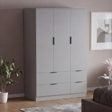 (Grey) Modern 3 Door 4 Drawer Wardrobe, Trega – Bedroom Storage Closet with Hanging Rail & Drawers