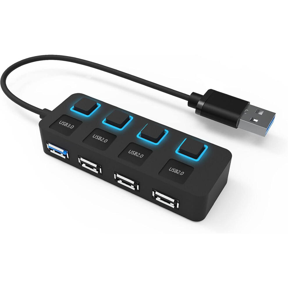 4-Port Powered Usb 3.0 Hub With Individual Led Switches For Laptop Pc Macbook Printer (Black) Black 6976917411359