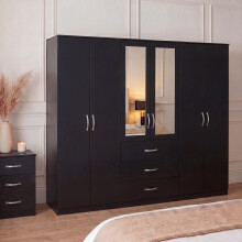 (Black) Modern 6 Door 3 Drawer Mirrored Wardrobe, Riano – Bedroom Storage Closet with Hanging Rail & Drawers