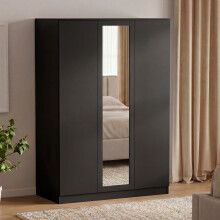 (Black) Modern 3 Door Mirrored Wardrobe, Denver – Bedroom Storage Closet with Hanging Rail & Drawers