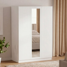 (White) Modern 3 Door Mirrored Wardrobe, Denver – Bedroom Storage Closet with Hanging Rail & Drawers