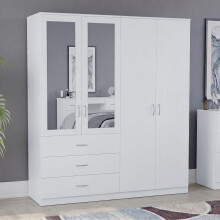 (White) Modern 4 Door 3 Drawer Mirrored Wardrobe, Riano – Bedroom Storage Closet with Hanging Rail & Drawers