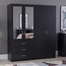 (Black) Modern 4 Door 3 Drawer Mirrored Wardrobe, Riano – Bedroom Storage Closet with Hanging Rail & Drawers