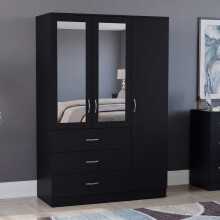 (Black) Modern 3 Door 3 Drawer Mirrored Wardrobe, Riano – Bedroom Storage Closet with Hanging Rail & Drawers