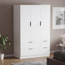 (White) Modern 3 Door 4 Drawer Wardrobe, Trega – Bedroom Storage Closet with Hanging Rail & Drawers