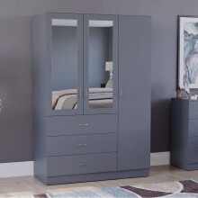 (Grey) Modern 3 Door 3 Drawer Mirrored Wardrobe, Riano – Bedroom Storage Closet with Hanging Rail & Drawers