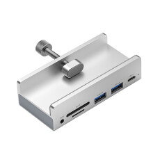 6-Port USB 3.0 Powered Hub, Clip-On Multiport Adapter with Power Adapter for Laptop PC (Silver)