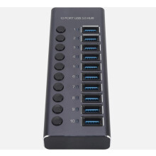10-Port Powered USB 3.0 Hub with 60W Adapter, Multiport Data Hub for PC Laptop Desktop (Black)