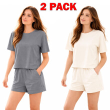 (Small, 1 Grey - 1 Cream _ 2 Pack) 2Pack Women Pajama Shorts Set Short Sleeve Nightwear