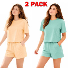 (Small, 1 Mint - 1 Nude _ 2 Pack) 2Pack Women Pajama Shorts Set Short Sleeve Nightwear