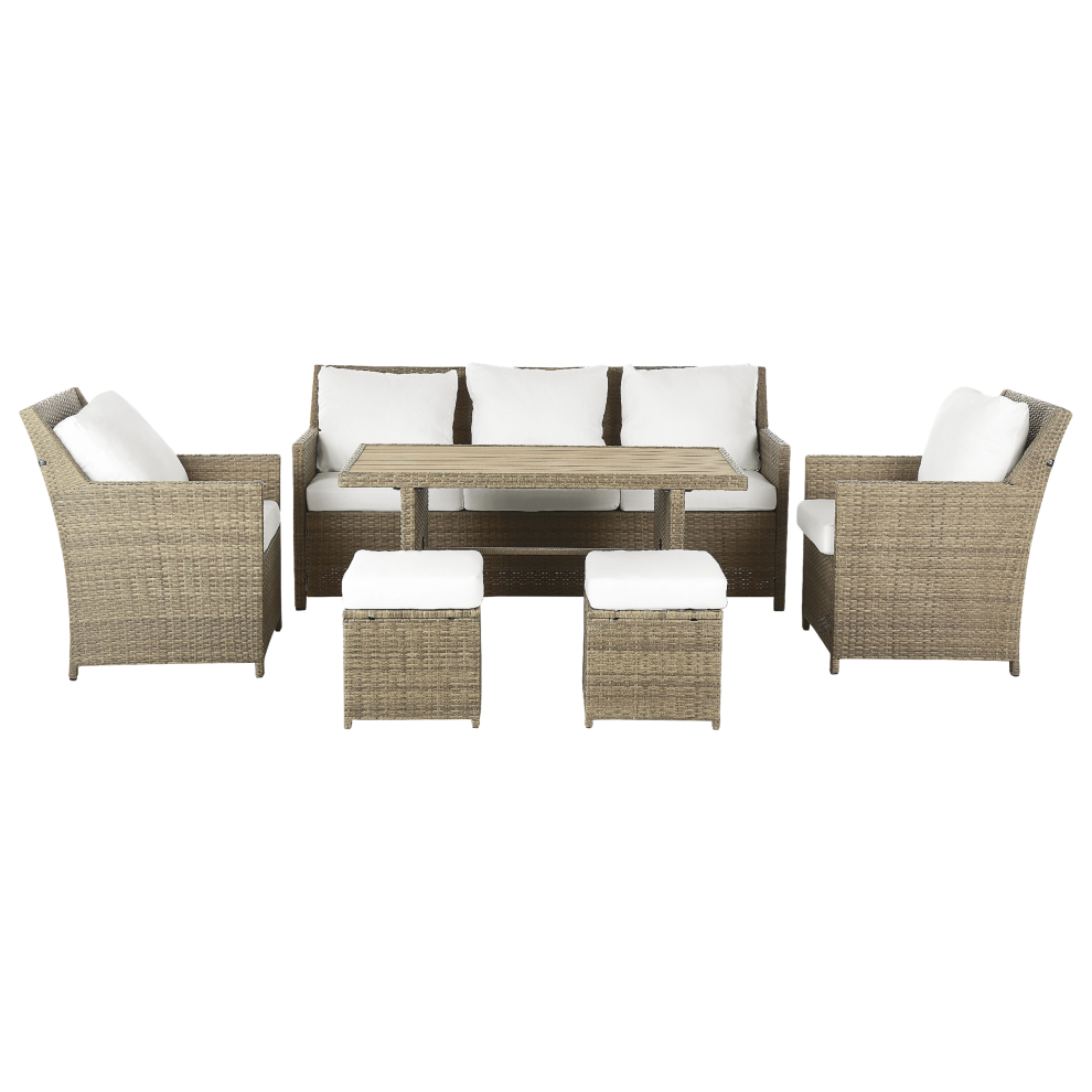 Beliani Garden Lounge Set With Table And Ottoman 5 Seater Fonti Brown Pe Rattan With Cushions
