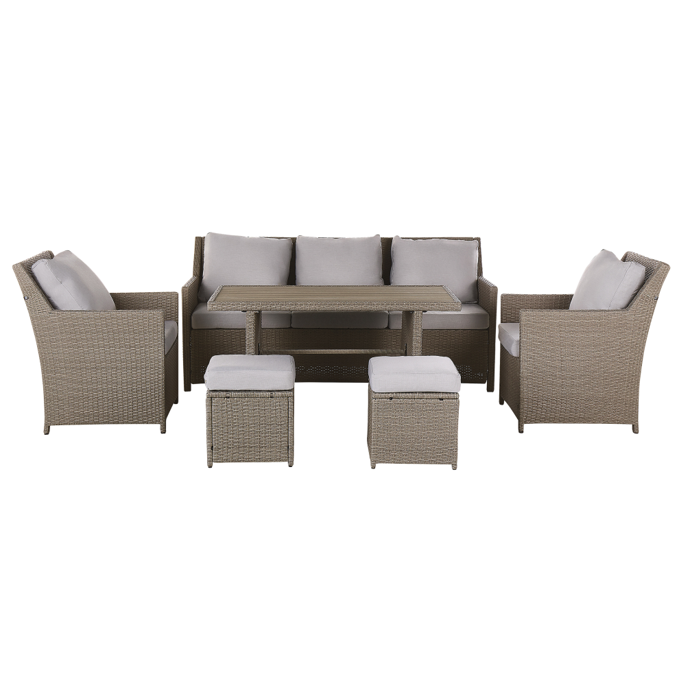 Beliani Garden Lounge Set With Table And Ottoman 5 Seater Fonti Taupe Pe Rattan With Cushions