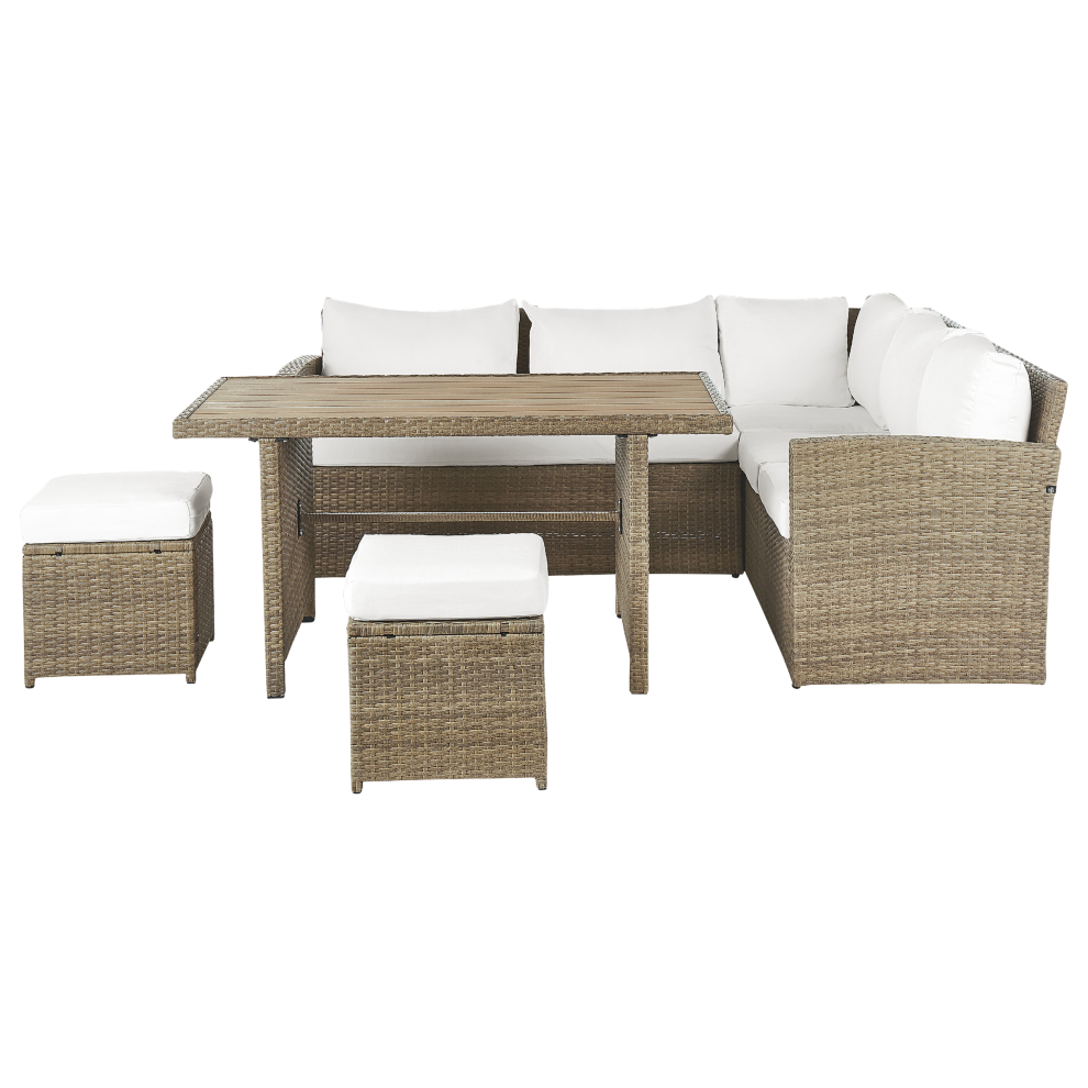 Beliani Garden Lounge Set With Table And Ottoman 5 Seater Bardi Brown Pe Rattan With Cushions