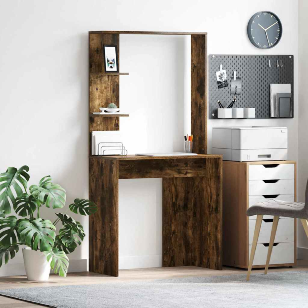 Vidaxl Desk With Shelf Smoked Oak 78.5 X 37 X 154.5 Cm Engineered Wood
