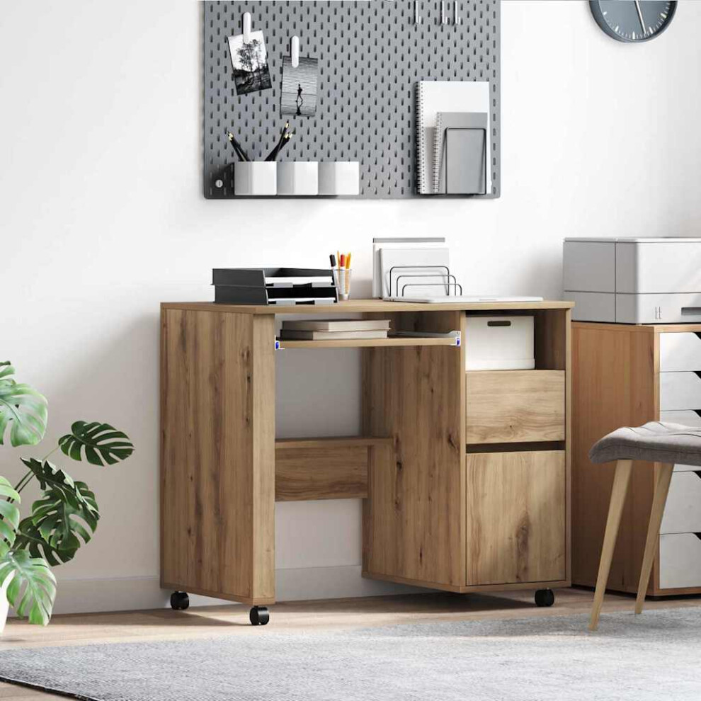 Vidaxl Desk With Wheels Artisan Oak 91 X 50 X 77 Cm Engineered Wood