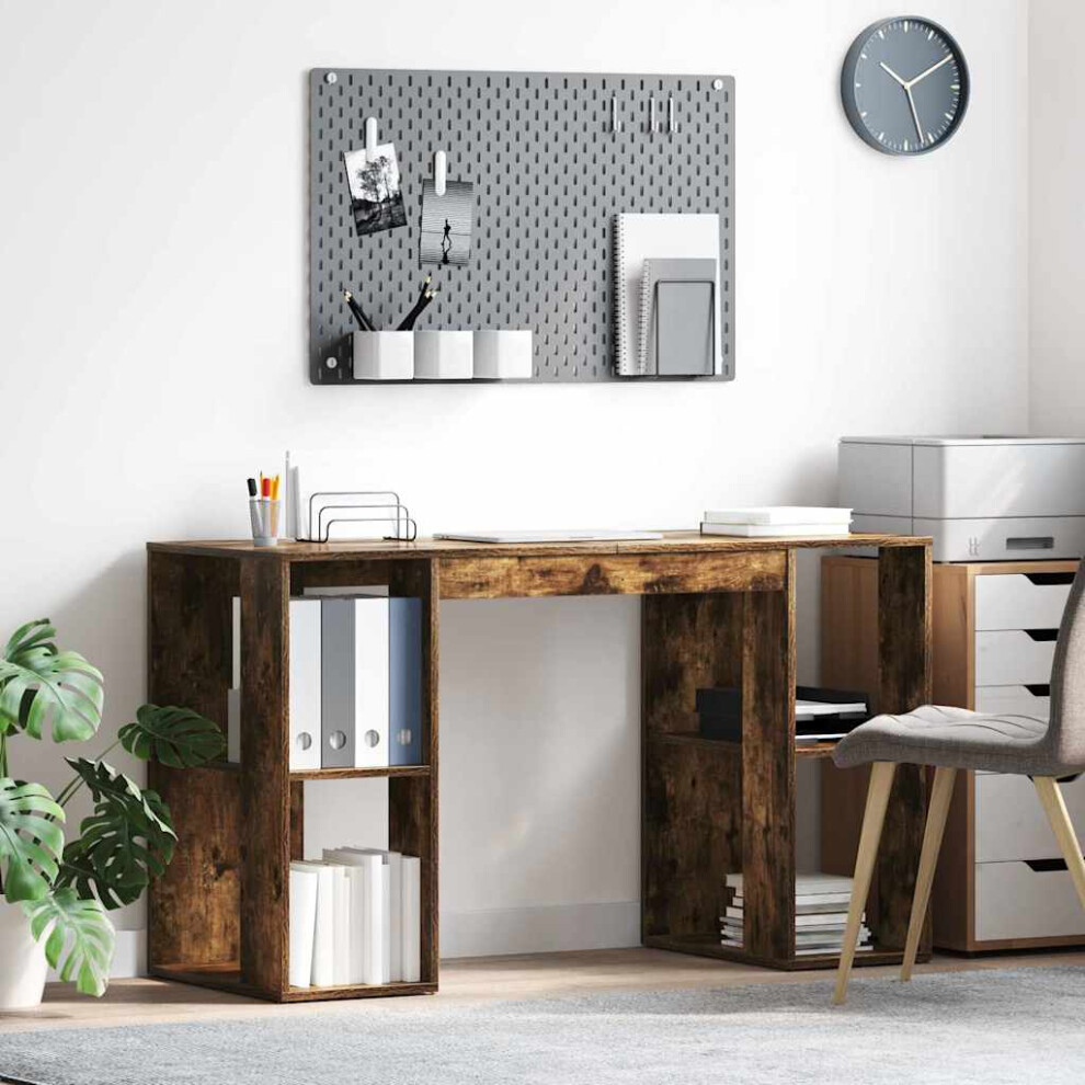 Vidaxl Desk With Shelf Smoked Oak 130 X 50.5 X 75 Cm Engineered Wood