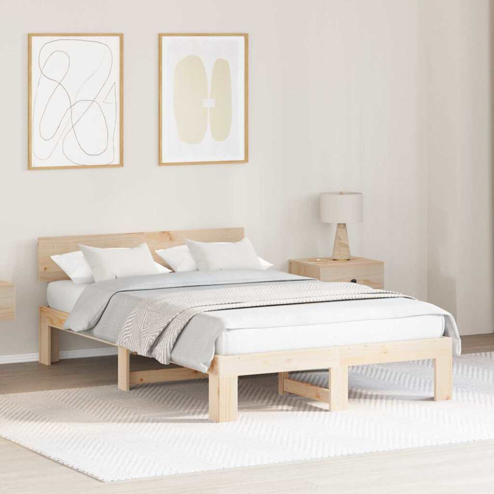 Vidaxl Bed Frame With Headboard Natural 135 X 190 Cm Solid Pine Wood