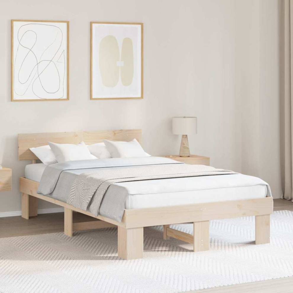 Vidaxl Bed Frame With Headboard Natural 135 X 190 Cm Solid Pine Wood