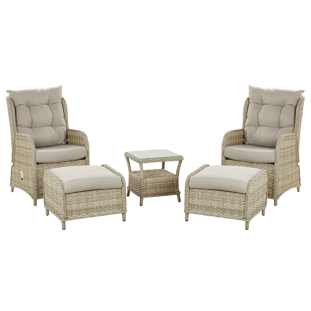 Beliani Garden Lounge Set With Table And Ottoman 2 Seater Ponza Beige Pe Rattan