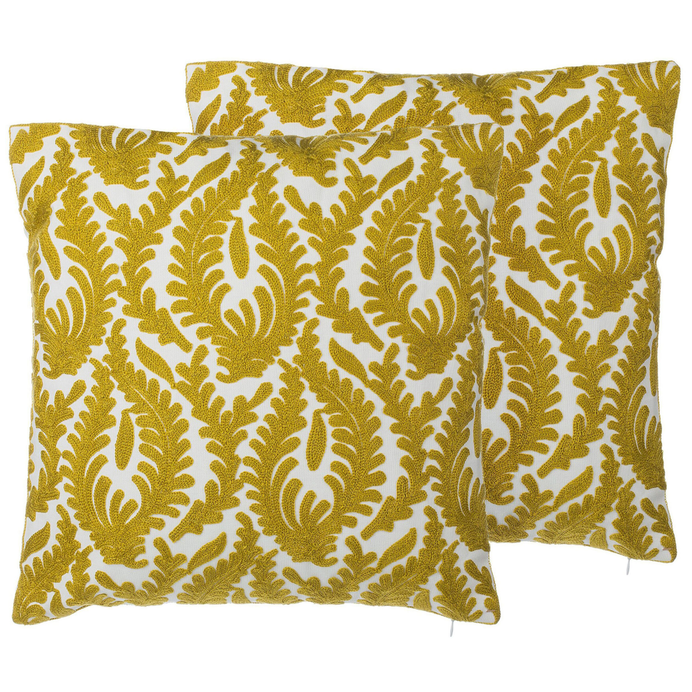 Beliani Set Of 2 Decorative Cushions Primula Cotton 45 X 45 Cm Mustard Ikat Yellow