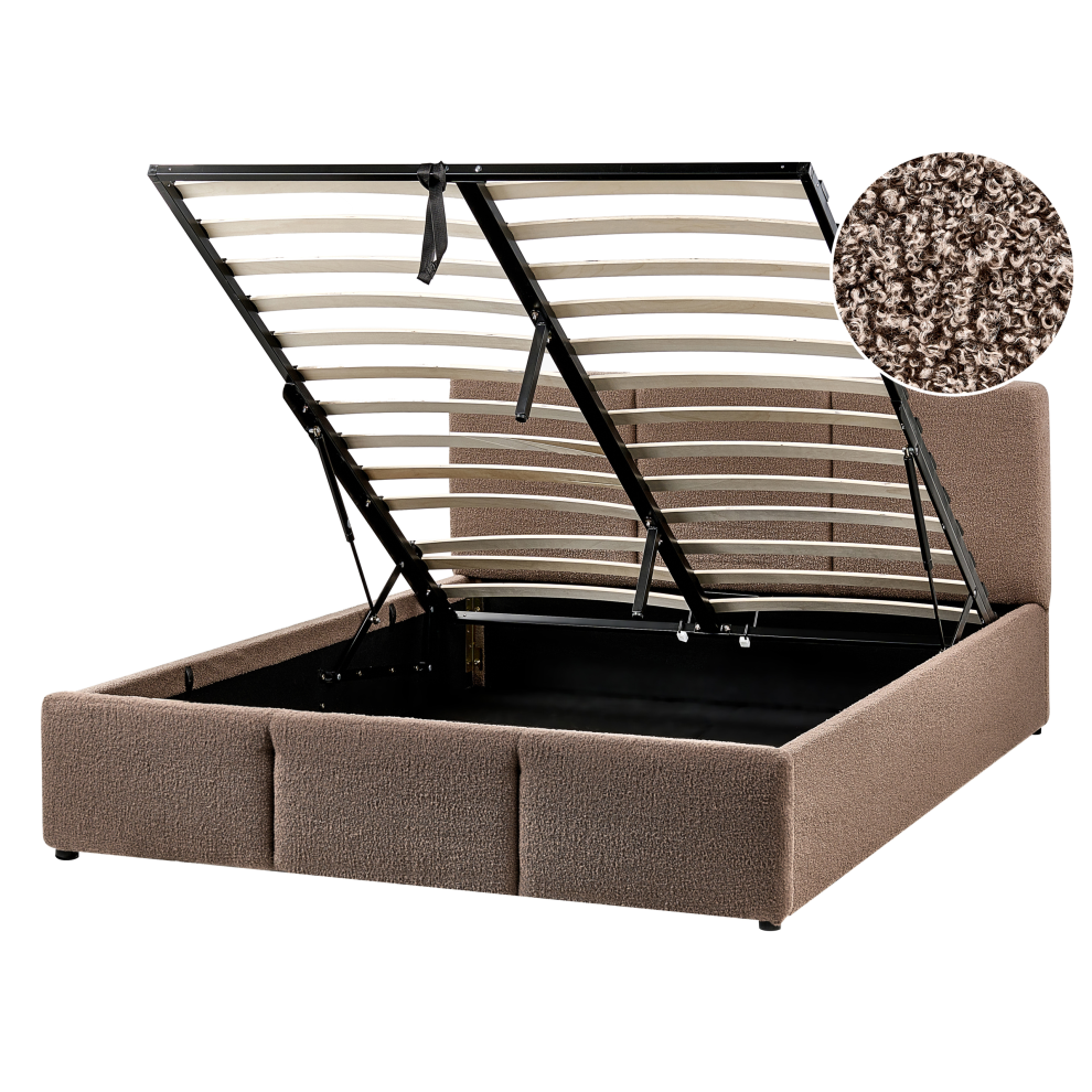 Beliani Ottoman Bed Boucle Bousse 140 X 200 Cm (Eu Double) Taupe Brown