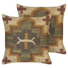 Set of 2 Decorative Cushions PULICAT Jute 45 x 45 cm Green Oriental Pattern