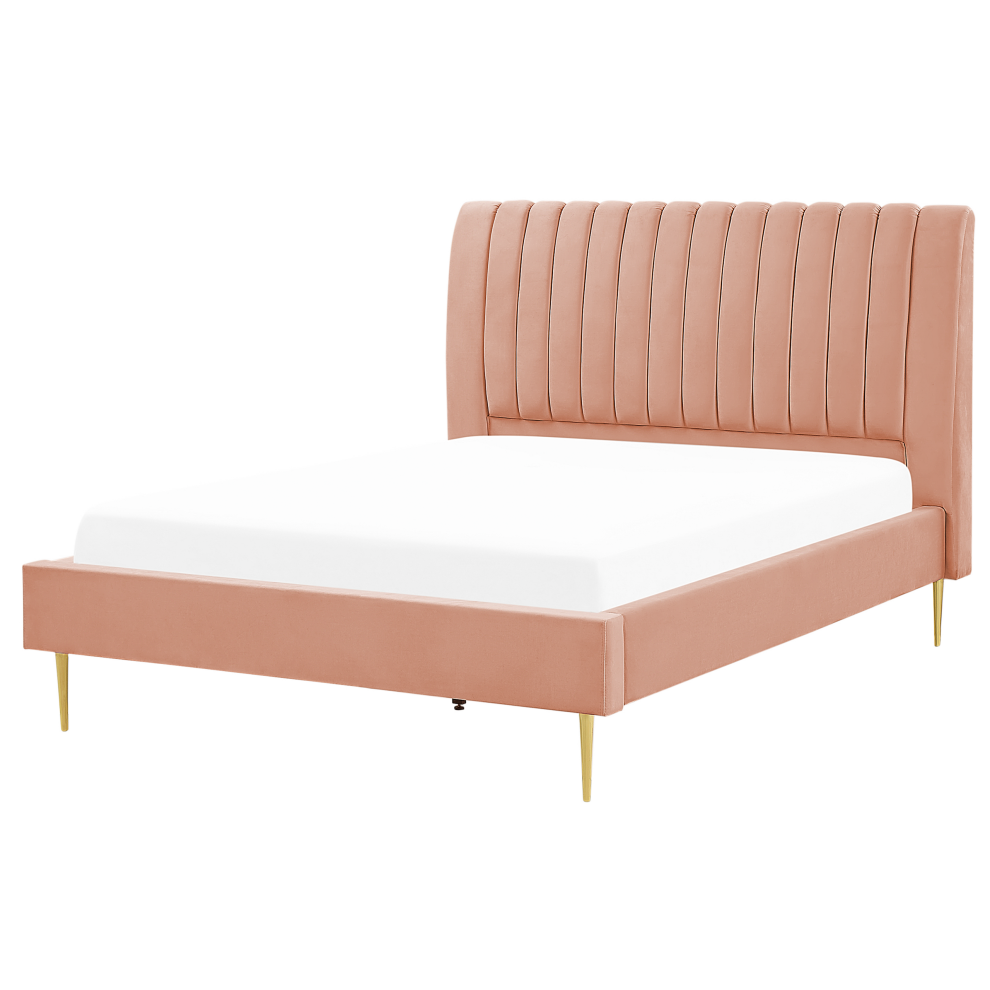 Beliani Bed Velvet Marville 140 X 200 Cm (Eu Double) Peach Pink