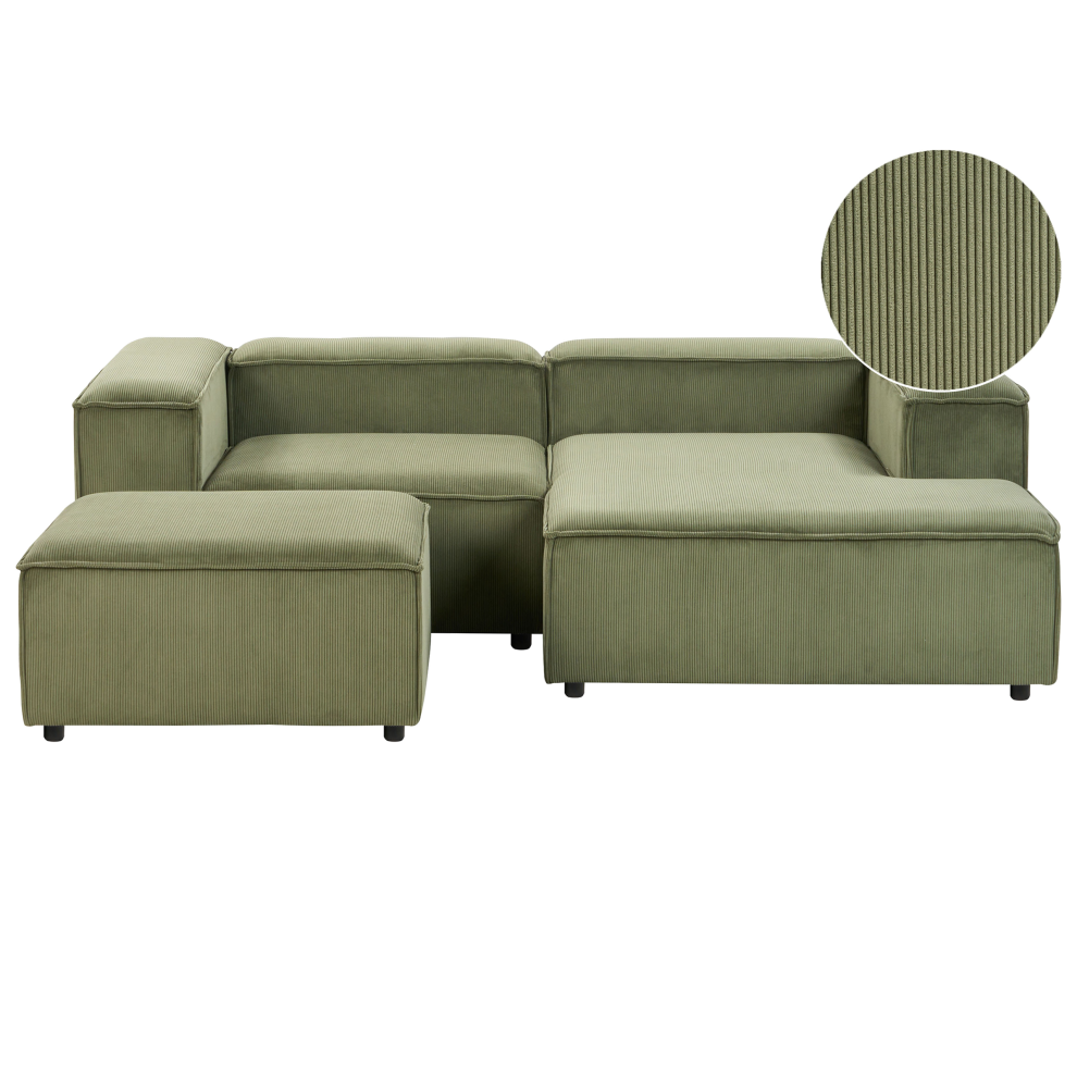Beliani Modular Corner Sofa 3 Seater Ardal Corduroy With Ottoman Left Hand Green