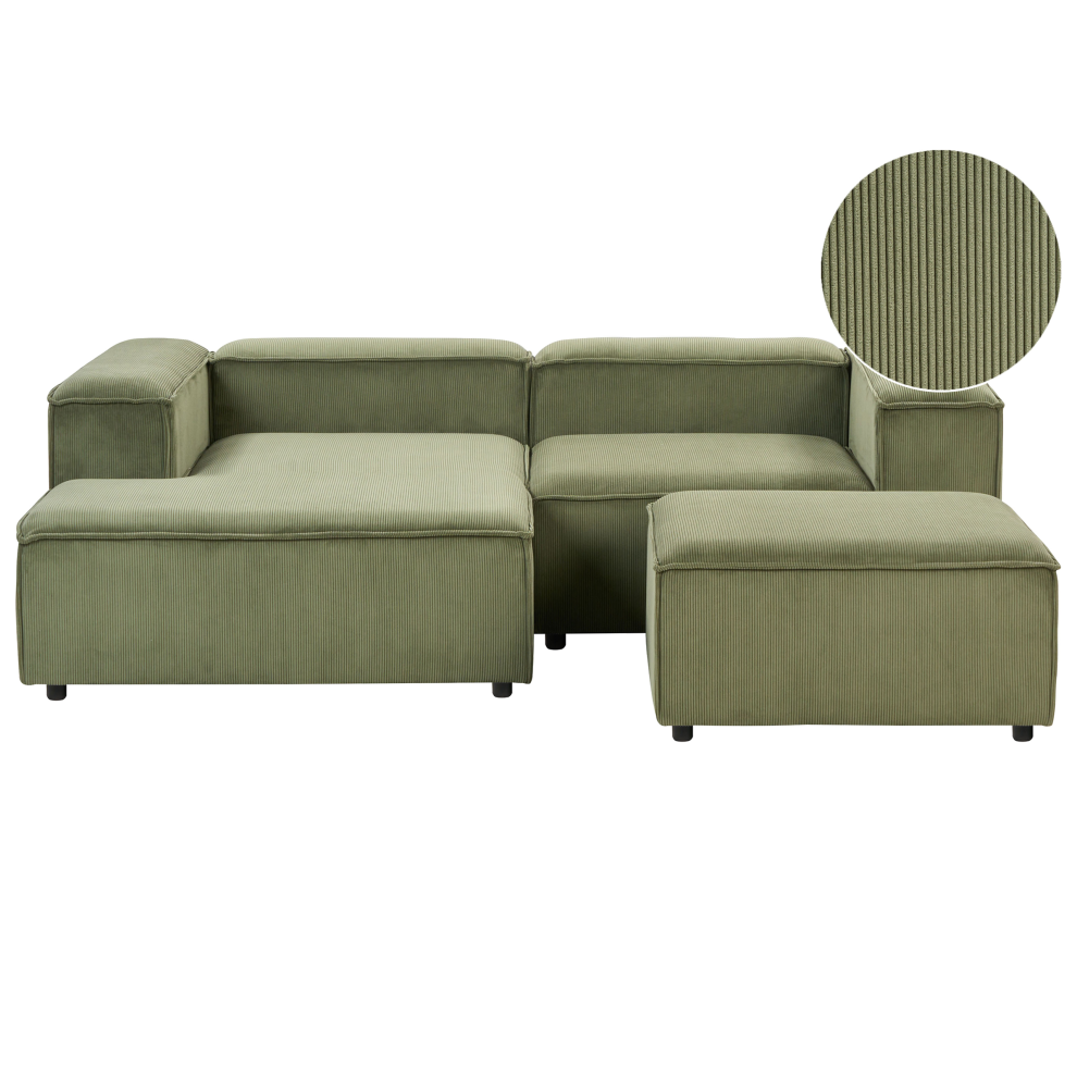 Beliani Modular Corner Sofa 3 Seater Ardal Corduroy With Ottoman Right Hand Green