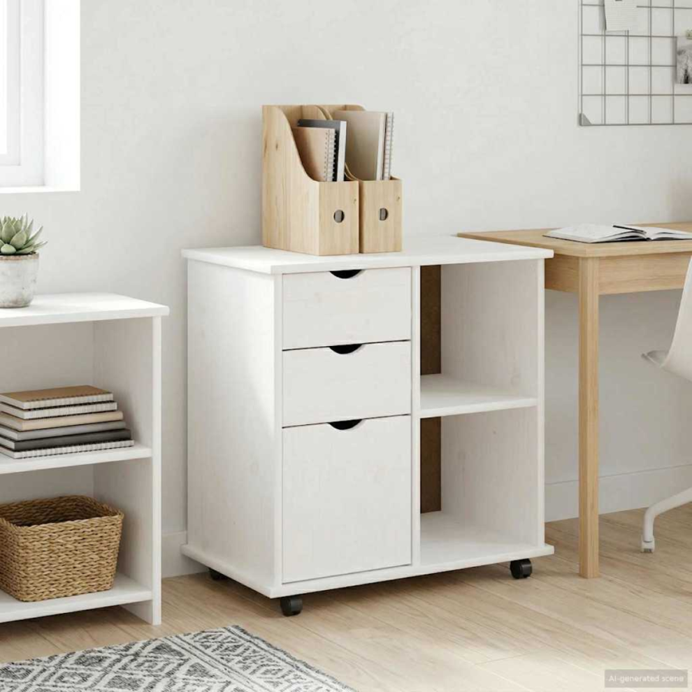 Vidaxl Rolling Cabinet White 63.5 X 39 X 65.5 Cm Solid Pine Wood