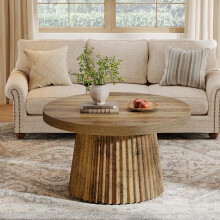 Tribesigns Coffee Table, 31.5 Small Farmhouse Round Coffee Tables with Fluted Drum Base,Brown