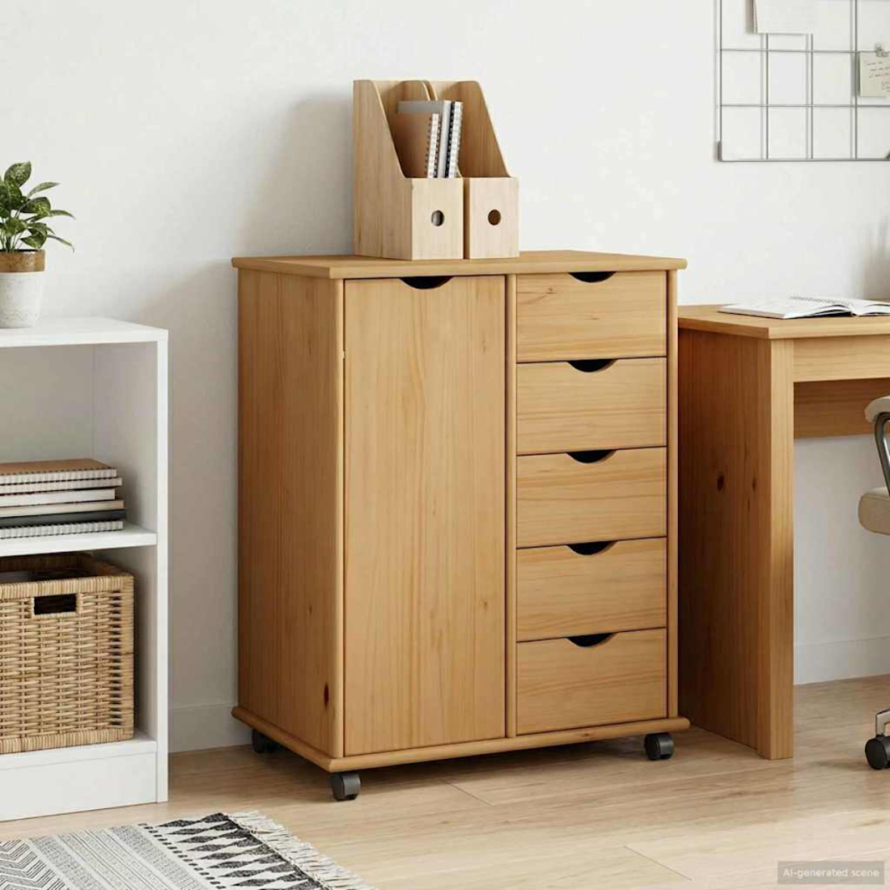 VIDAXL Pine Rolling Storage Cabinet - 5 Drawers - Honey Brown - 79 x 63.5 x 39cm - Image 2