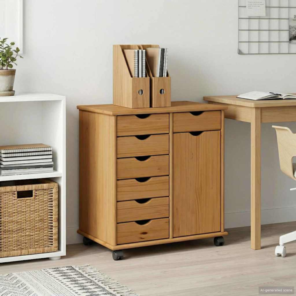 Vidaxl Rolling Cabinet Honey Brown 63.5 X 39 X 65.5 Cm Solid Pine Wood
