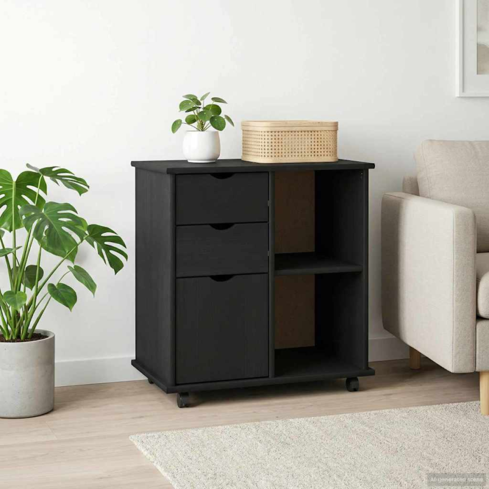 Vidaxl Rolling Cabinet Black 63.5 X 39 X 65.5 Cm Solid Pine Wood