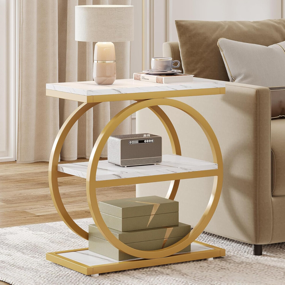 Tribesigns End Table With Storage Shelves, 3-Tier Wooden Industrial Sofa Side Table, White & Gold White,Gold