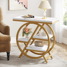 Tribesigns End Table for Living Room, 3-Tier Faux Marble Side Table with Storage,Gold & White