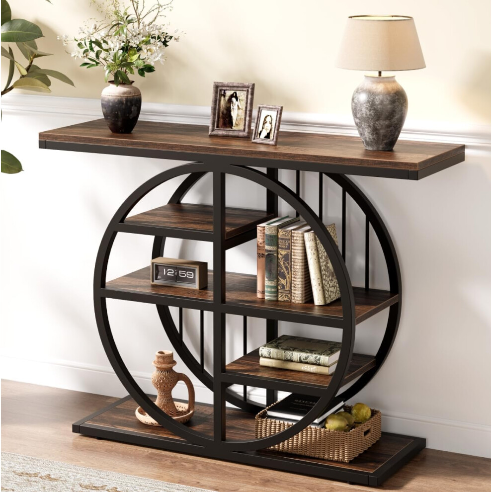 Tribesigns Console Table, 100 Cm Industrial 5-Tier Sofa Table Entryway Furniture With Circle Base (Rustic ) Brown