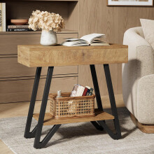 Tribesigns End Side Table for Living Room, Narrow Couch Arm Side Table with Storage Shelves, Natural