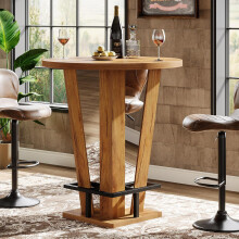 Tribesigns Round Bar Table, 39.4 H High Top Cocktail Bistro Pub Table with Metal Footrest,Brown
