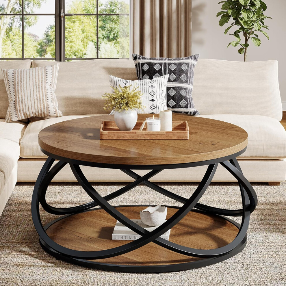 Tribesigns 2-Tier Round Coffee Table, 31.5" Circle Center Table, Rustic Brown