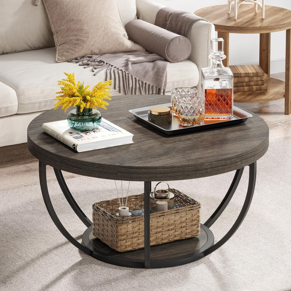 Photos - Dining Table Tribesigns Round Coffee Table, 31.7 inches, 2-Tier Circular Wooden Side Table with Storage Shelves, Grey Brown,Grey