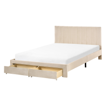 Bed with Storage Drawers Velvet LONZAC 140 x 200 cm (EU Double) Beige