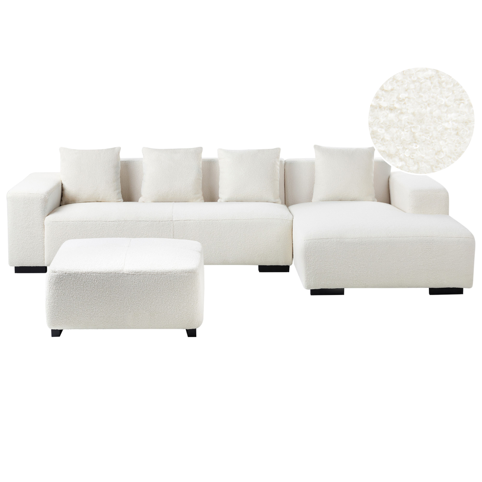 Beliani Corner Sofa 4 Seater Lungo Boucle White With Ottoman Left Hand